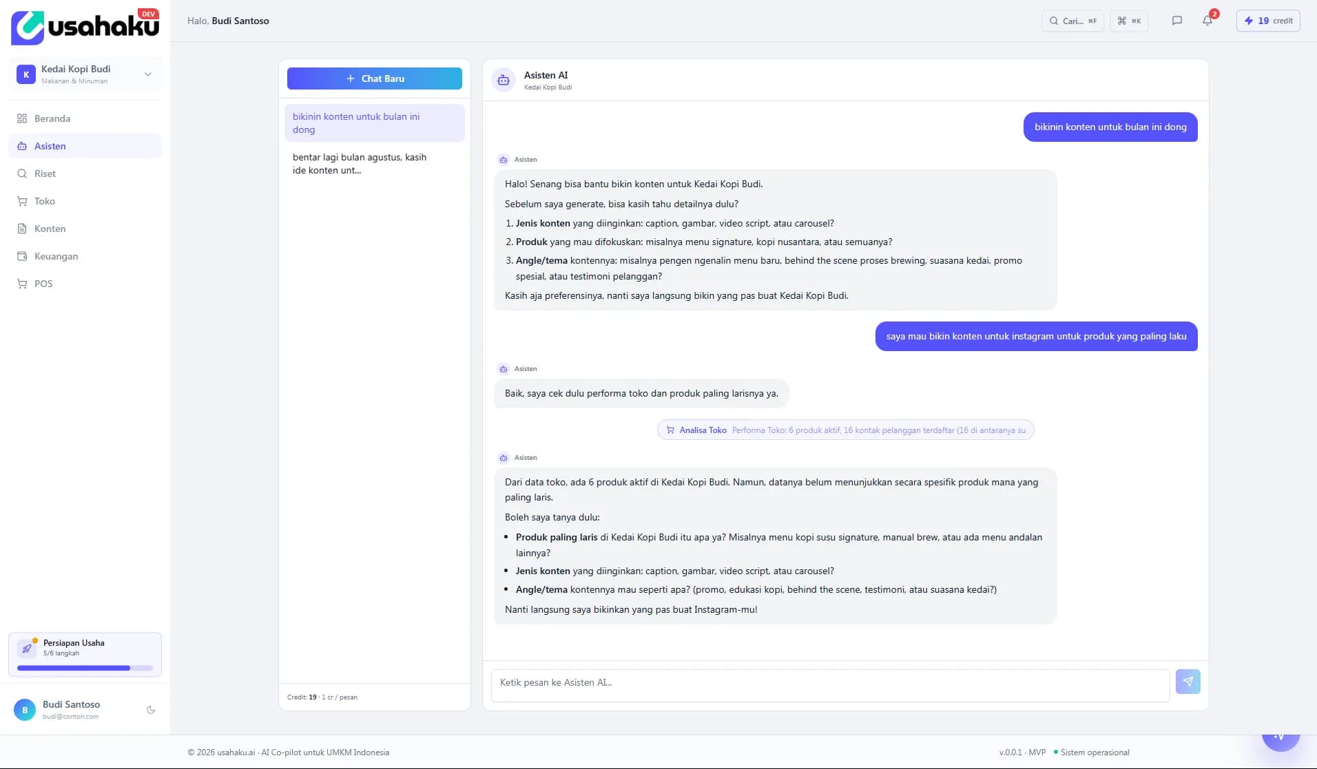 Tampilan asli percakapan AI Business usahaku.ai yang menganalisis data toko untuk membantu membuat konten