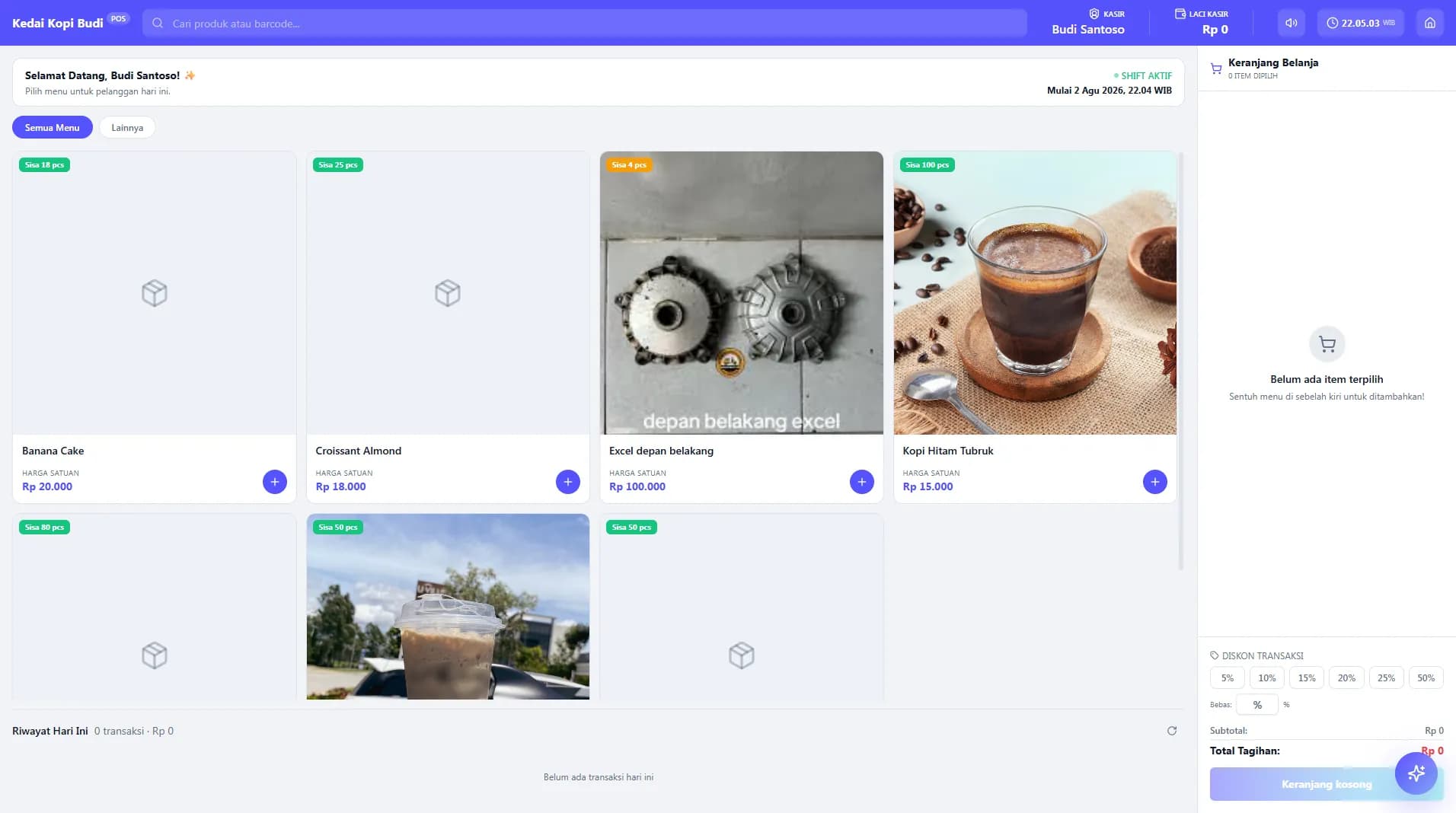 Tampilan asli kasir usahaku.ai dengan indikator stok pada setiap produk